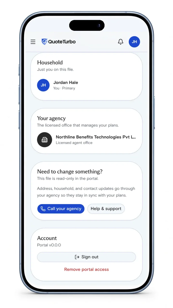 Profile account section with Call your agency and a note that the file is read only
