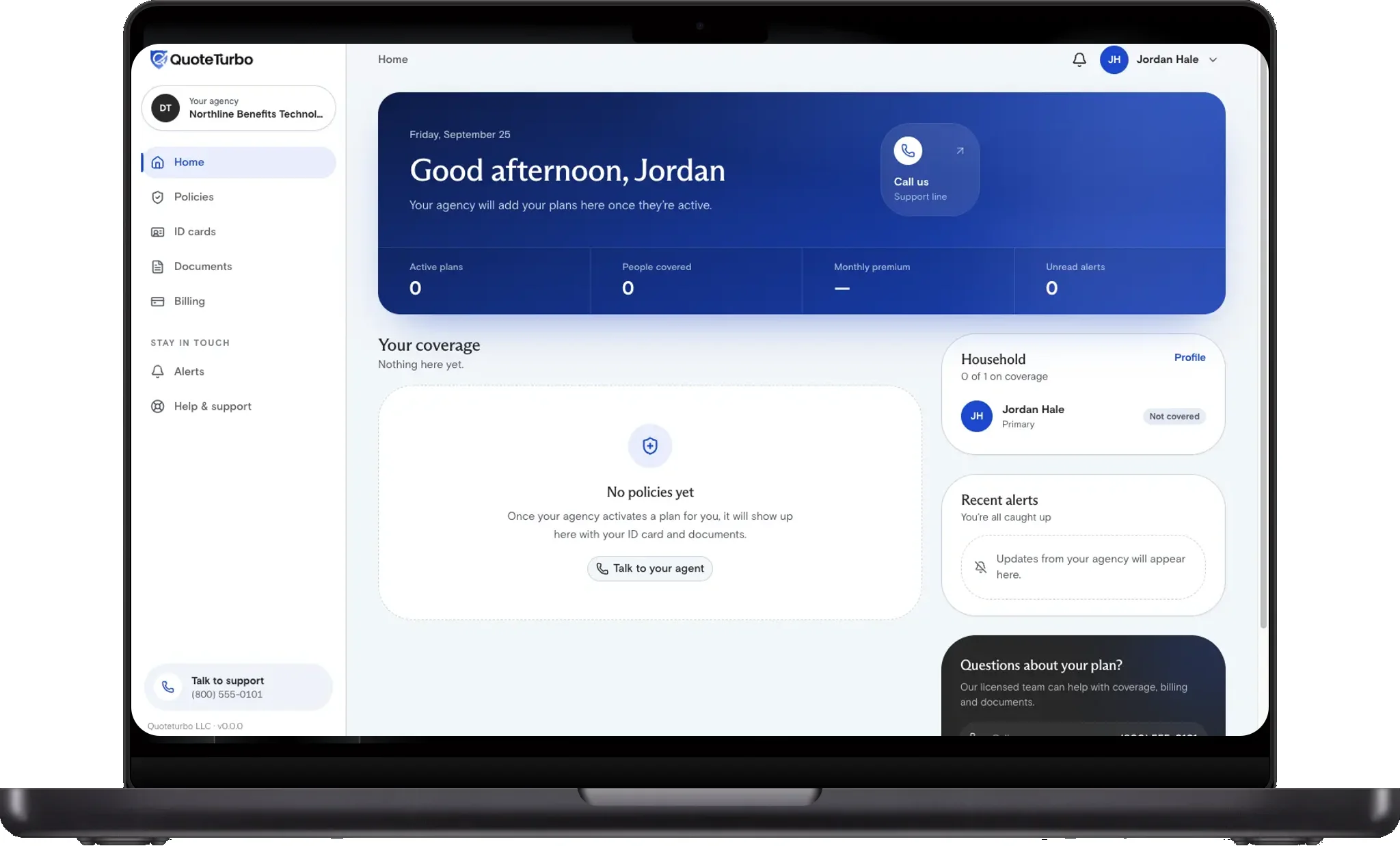 Portal menu with Home, Policies, ID cards, Documents, Billing, and Alerts