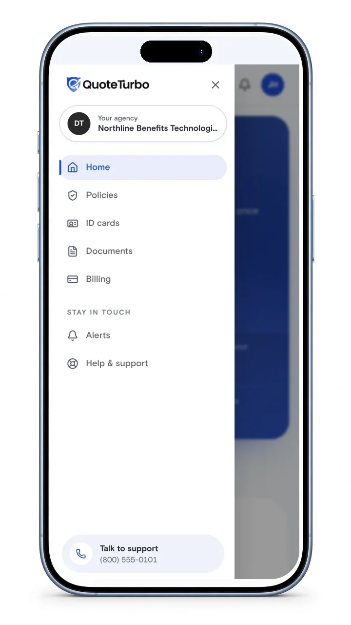 Portal menu with Home, Policies, ID cards, Documents, Billing, and Alerts