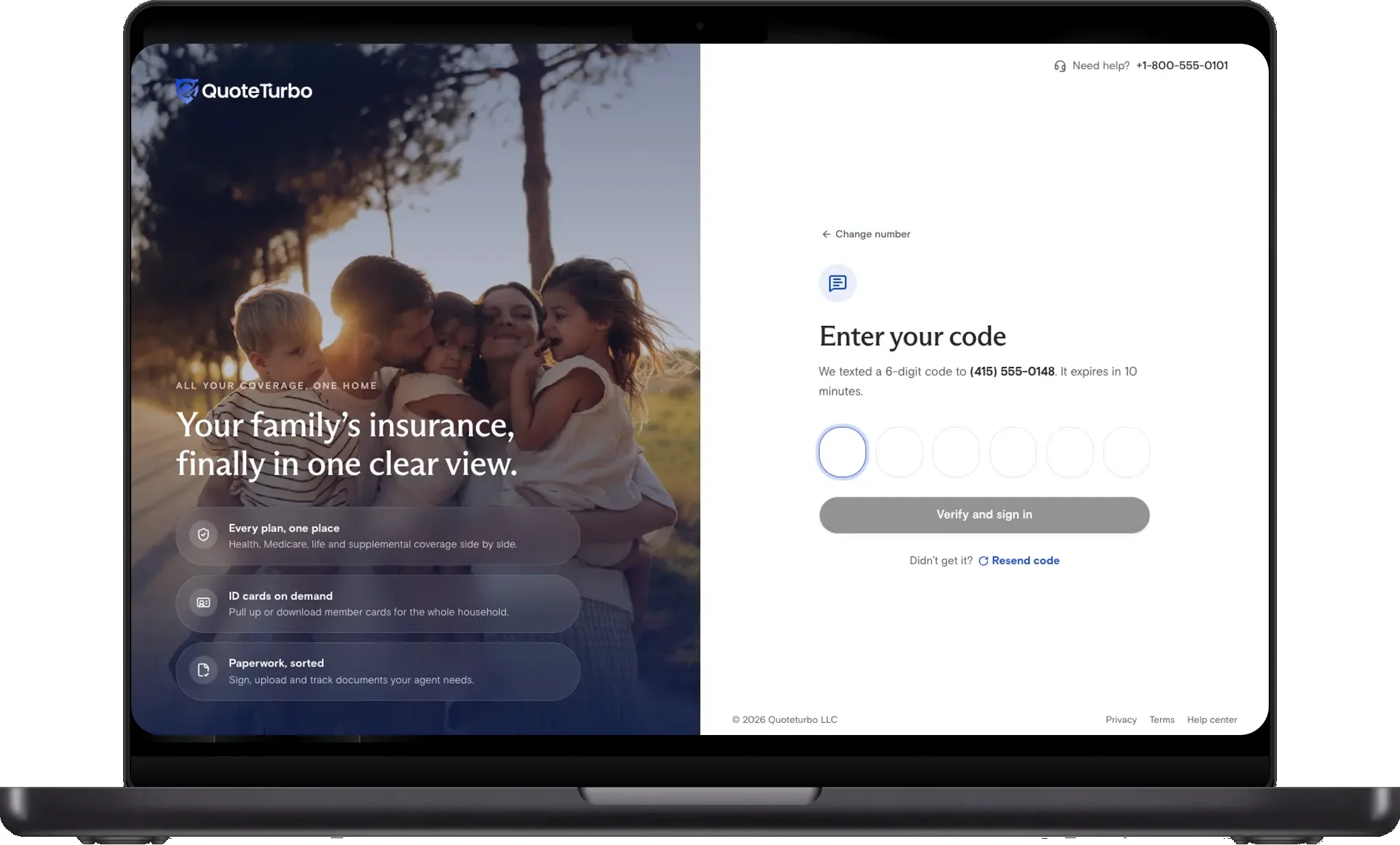 Enter your code screen with Change number and Resend code